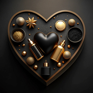 valentines day black and gold colored heart-shaped card with spa supplies