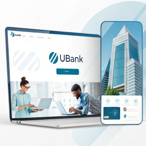 Digital interface design for UBank. Sleek, modern layout. Focused on user experience. Incorporates logo, login options, and promotional graphics.