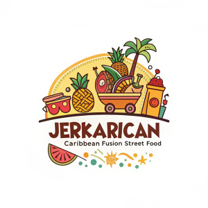 Creative branding for Jerkarican Caribbean Fusion Street Food. Colorful logo featuring cartoon-style illustration set against minimalist white background.