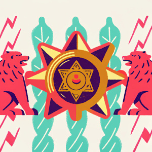 Official logo for San Andreas Highway Patrol. Features a badge-like central emblem with authority symbols and protective motifs. The design includes metallic lions or similar creatures and repetitive patterns in the background.