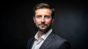 business portrait, studio photography, black solid background, 35 years old european male
