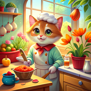 top chef cute cat , cooking crepes in a cosy kitchen in front of window, a spring day with poppies in vase on table 