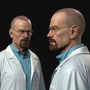 Walter White, from Breaking Bad, digital rendering. Various angles. Solid black background.