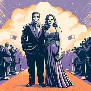 Jon Huertas and Nicole Huertas, dressed in black tie attire, posing for pictures at a bustling awards ceremony.