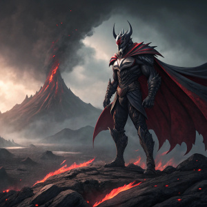 Apocalymon, a fearsome creature from the Digimon universe. Dark, ominous presence with shades of black, gray, and red. Standing atop a volcanic wasteland. Broad, flowing cape and detailed musculature.