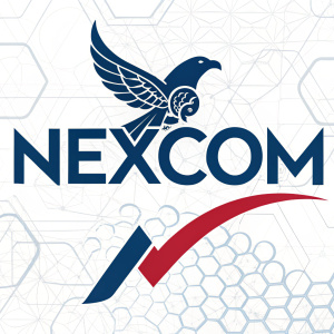 Nexcom logo showcasing a sleek blue icon resembling wings or a checkmark. Bold, modern font in blue, white, and a touch of red. Geometric patterns on a neutral background.
