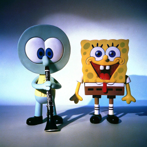 Illustration of Squidward and SpongeBob SquarePants. Flat style, with a large head and simple features. Playful aesthetic. Set against a light blue backdrop.
