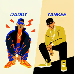 Digital illustration showcasing Daddy Yankee in dual artistic styles. Left side, reggaeton culture themed, vibrant colors and graphic design elements. Right side, sleek, modern aesthetic with bold text overlays.