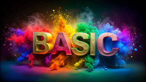 text "Basic" colorful splash 3d text and smoky backgrund