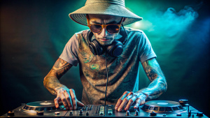 An alien DJ wearing a bucket hat with full sleeve arm tatoos. Also wearing a bucket hat and black framed glasses  he is scratching on the turntables