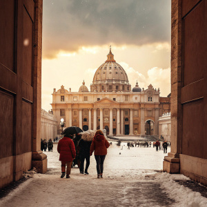 Snow-covered courtyard of the Vatican City's St. Peter's Basilica. People bundled up, walking amidst the white landscape. Grey skies above the grand architecture