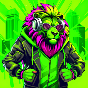 anthropomorphic lion with urban style, headphones, sunglasses, sports clothing, aggressive pose, graffiti, full-length frame