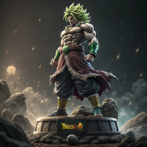 High-resolution 3D render of a Broly statue from Dragon Ball Z. Dark and moody background. Logo and creator's name visible on base