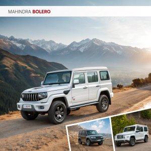 Modern Mahindra Bolero SUV showcase. High-resolution images, detailed features, clean design. Website layout highlights toughness and design elements. Banners and text sections.