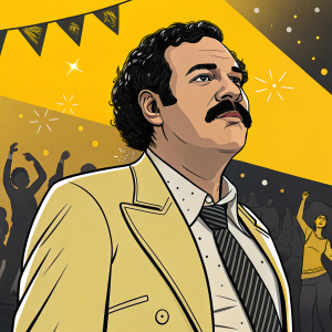 Cartoon depiction of a man with a thick mustache, resembling Pablo Escobar. Wearing a sharp suit, bold yellow and black color scheme, party scene backdrop.
