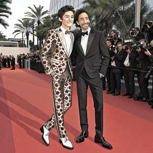 Timothée Chalamet and Adrien Brody on the Cannes Film Festival red carpet. Chalamet in a patterned suit with white accents and shoes. Brody in a classic black suit. They are smiling.