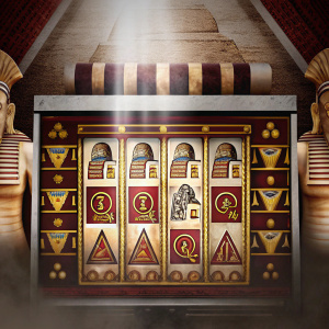 Interactive screen for Pharaoh's Treasure Deluxe game. Players can trigger Curse of the Ancients Free Spins mode and navigate the virtual Tomb of Tutankhamun. Hieroglyphics-style graphics, vibrant gold and brown tones, prominent start button.