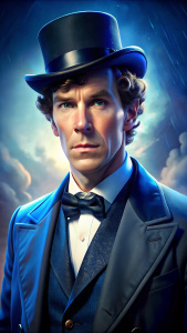 A 35-year-old man who looks like Benedict Cumberbatch, in a top hat that is completely on his head, in a black suit, black bow tie, game style photography, stands straight, curly dark hair visible from under the top hat, blue eyes, handsome, the type of Dr. Watson
