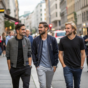 Nuri Sahin, Ilkay Gundogan, and Marcel Schmelzer walking through a busy city street in casual attire.