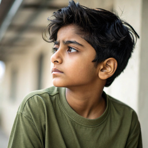 Young South Asian boy, serious face, dark tousled hair, wearing olive green t-shirt. Softly lit, blurred background