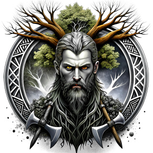 Wikinger mit zwei Gesichtern baum yggdrasil – and weapons high-definition design grey and black, realistic tattoo design, white background