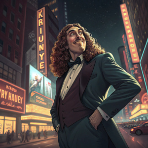 Weird Al Yankovic in a sharp, tailored suit, posing confidently in front of the neon-lit Times Square.
