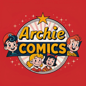 Stylized Archie Comics logo featuring playful cartoonish characters. Bold colors, classic comic book design, vibrant red background.