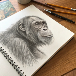 A hyper-realistic pencil drawing of an orangutan. The sketch pad is on a wooden table. The orangutan's face, with its soft expression and detailed fur patterns, is the focus of the artwork.