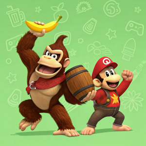 Donkey Kong and Diddy Kong in an energetic pose. Bright green background with playful game logo