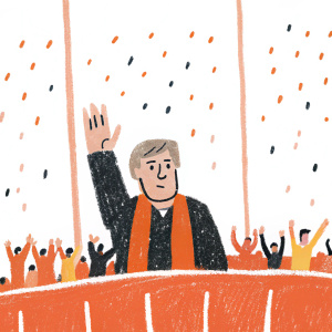 Carlo Ancelotti, serious face, waving hands in a packed stadium. Background shows cheering crowd and colorful jerseys.