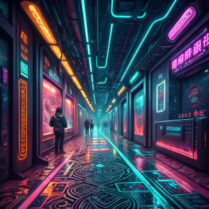 A cyberpunk corridor with neon lights and intricate floor patterns. Futuristic ambiance, digital artwork.