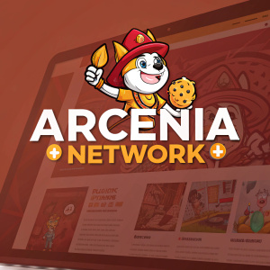 A digital screenshot showcasing Arcenia Network's homepage. Eye-catching, vibrant design. Dominant use of Spanish text, highlighted by the cheerful cartoon mascot. Background features a blend of bold and subtle font styles. Warm hues of orange and brown create a welcoming atmosphere.