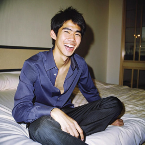 Raw photo: A thin young swarthy laughing Filipino 18 y.o guy without a T-shirt is sitting on a white bed in the bedroom, the dynamics of angle and pose