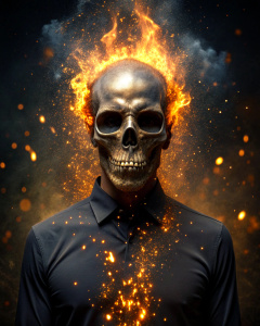 effect, photoshop action, realistic black skull with human body gold on head, flames of fire, sparks, dust, explosion, effect, xd quality, micro detail sharpening,