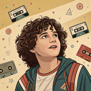Jonah Hill's illustration for 'Mid90s'. A young character with curly hair against a nostalgic, textured background