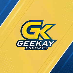 Geekay Esports logo featuring bold G and K letters. Vibrant yellow and blue color scheme. Modern design.