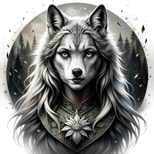 Nordic Godness Ylva She-Wolf - perfect realistic art, high-definition grey and black, white background tattoo design