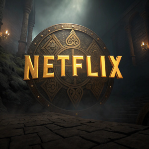 A dynamic Netflix logo featuring bold, gold letters against a dark, shadowy background. The design evokes an ancient, mystical aura. The words 'Netflix' are displayed prominently, with additional text in a matching metallic style. The logo is centered, with the dark backdrop enhancing the golden details. The aesthetic is steeped in fantasy and medieval motifs.