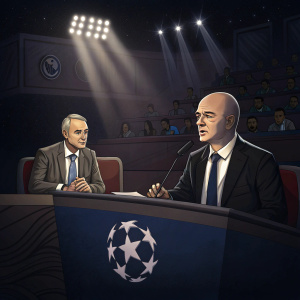 Gianni Infantino and Giorgio Marchetti at the UEFA Champions League press conference. Dark room with spotlights