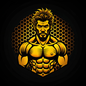 Muscular man, curly pompadour, honeycomb background 