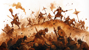 brown illustrations depicting a battle scene in white background
