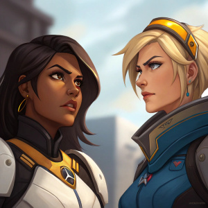 Digital art featuring Overwatch characters Pharah and Mercy. Pharah with dark hair and tanned skin, Mercy with blonde hair and fair skin. Both characters display distinct facial expressions. The illustration has a graphic quality with a blurred background.