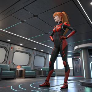 Asuka Langley standing confidently in an indoor studio with futuristic decor. She wears a black and red bodysuit with shoulder pads. Her orange hair is tied back.