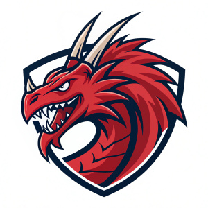 A fierce red dragon mascot logo. It has sharp teeth and a menacing appearance. The design is bold and dynamic with a simple white background.