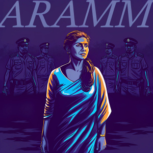 Promotional poster for the film 'Aramm'. Nayanthara in a vibrant saree. Police officers in background. Warm golden glow. Muted color palette.