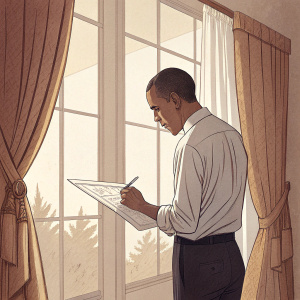 Barack Obama, drawing on a sheet of graph paper, standing in a cozy room with a big window and curtain. Illustration style: minimalist, with a warm color scheme.