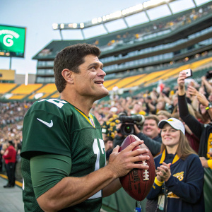 Teddy Bruschi in a stadium. Dressed in green jersey. Surrounded by fans. Holding football
