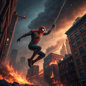 Peter Parker, aka Spider-Man, swinging through an inferno. Fiery cityscape with molten buildings and burning debris in the background.