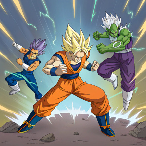 High-definition action shot of Goku, Vegeta, Gohan, and Piccolo from Dragon Ball. Intense battle pose, muscles flexed, vibrant color palette.