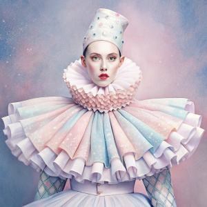 Pierrot, elegant, concept art, soft,full size illustration, art by Robert Perdziola, Balenciaga fashion show
